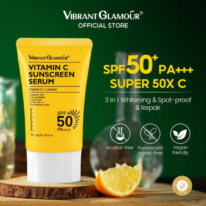 VIBRANT GLAMOUR Vitamin C Brightening Sunscreen Serum SPF 50+ PA+++ .UVA/UVB .face and neck Sunblock Prevent tanning Sun burn Reduce dullness.5X  3X Ceramide Repair Skin Moisturizing Not sticky 30g