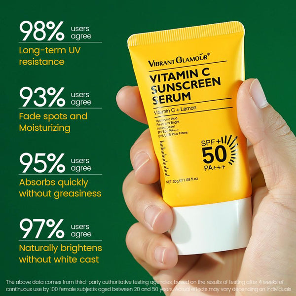 VIBRANT GLAMOUR Vitamin C Brightening Sunscreen Serum SPF 50+ PA+++ .UVA/UVB .face and neck Sunblock Prevent tanning Sun burn Reduce dullness.5X  3X Ceramide Repair Skin Moisturizing Not sticky 30g