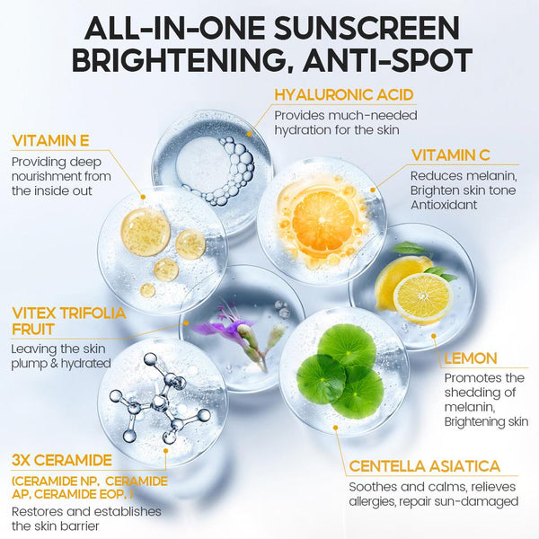 VIBRANT GLAMOUR Vitamin C Brightening Sunscreen Serum SPF 50+ PA+++ .UVA/UVB .face and neck Sunblock Prevent tanning Sun burn Reduce dullness.5X  3X Ceramide Repair Skin Moisturizing Not sticky 30g