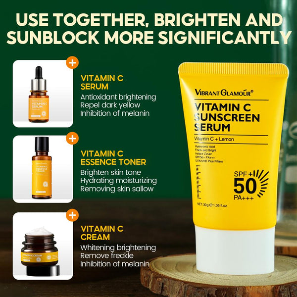 VIBRANT GLAMOUR Vitamin C Brightening Sunscreen Serum SPF 50+ PA+++ .UVA/UVB .face and neck Sunblock Prevent tanning Sun burn Reduce dullness.5X  3X Ceramide Repair Skin Moisturizing Not sticky 30g