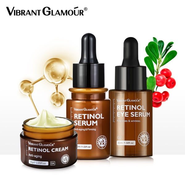 VIBRANT GLAMOUR Retinol Set Face Cream+Facial Serum+Eye Serum VA VE Anti-Aging Whitening Renewing Skin Wrinkles 3 Pieces